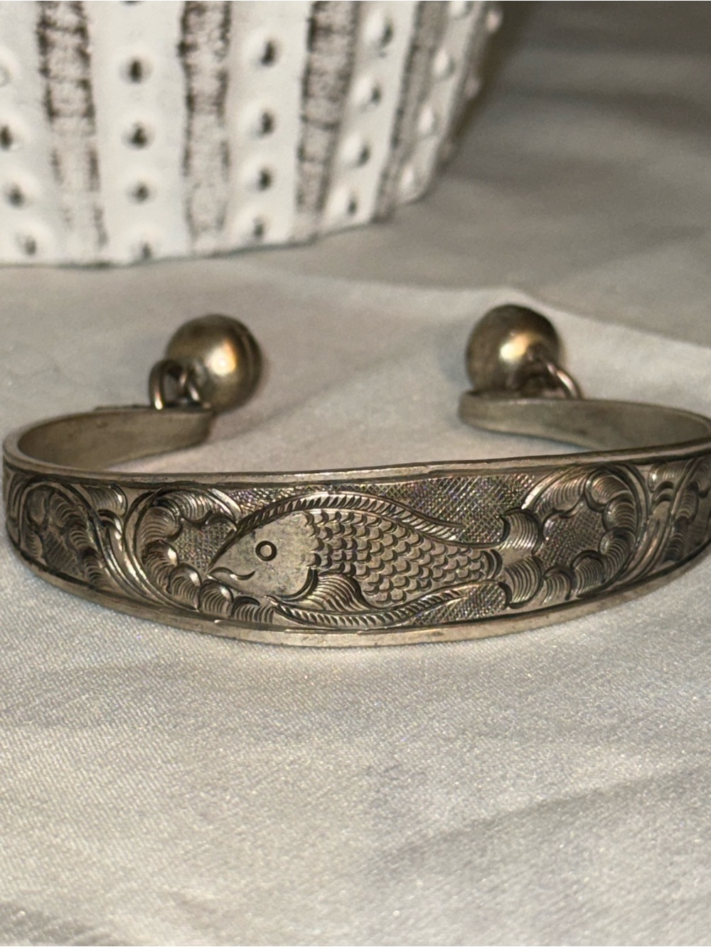 Vtg Thai Repousse Silver Cuff Bracelet High Purity Hill Tribe Fish Bell Bangle